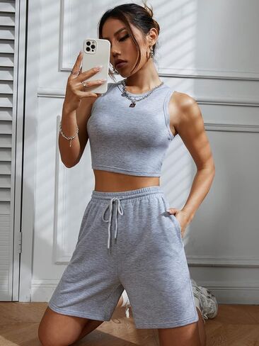 MakeMeChic Women's Casual 2 Piece Outfits Crop Tank Top Drawstring Waist Sweat Shorts Workout Running Set in Saudi Arabia