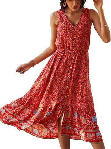 TEMOFON Women Dress Summer Sleeveless Bohemian: Floral V Neck Button Down Flowy Boho Dresses S-XL in Kuwait