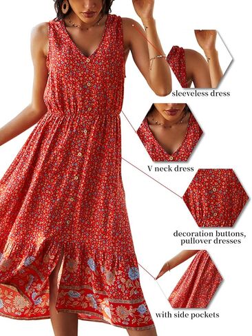 TEMOFON Women Dress Summer Sleeveless Bohemian: Floral V Neck Button Down Flowy Boho Dresses S-XL in Kuwait