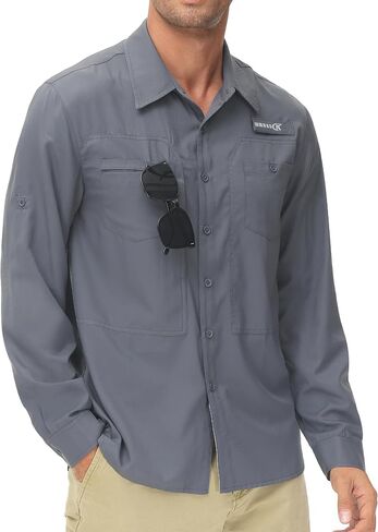 Men's UPF 50+ Sun Protection Fishing Shirts Long Sleeve Lightweight Hiking Travel Work Button Down Shirt Zipper Pocket in Kuwait