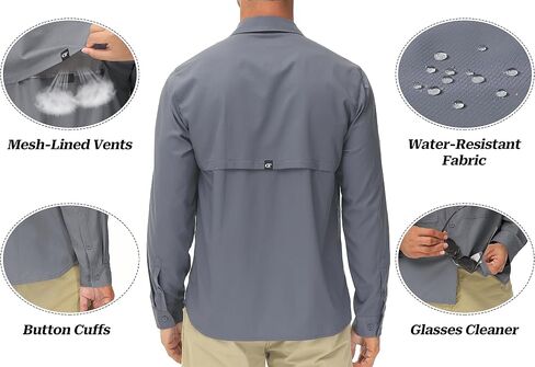 Men's UPF 50+ Sun Protection Fishing Shirts Long Sleeve Lightweight Hiking Travel Work Button Down Shirt Zipper Pocket in Kuwait