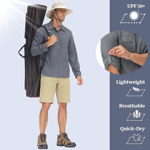Men's UPF 50+ Sun Protection Fishing Shirts Long Sleeve Lightweight Hiking Travel Work Button Down Shirt Zipper Pocket in Kuwait