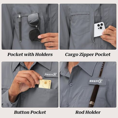 Men's UPF 50+ Sun Protection Fishing Shirts Long Sleeve Lightweight Hiking Travel Work Button Down Shirt Zipper Pocket in Kuwait