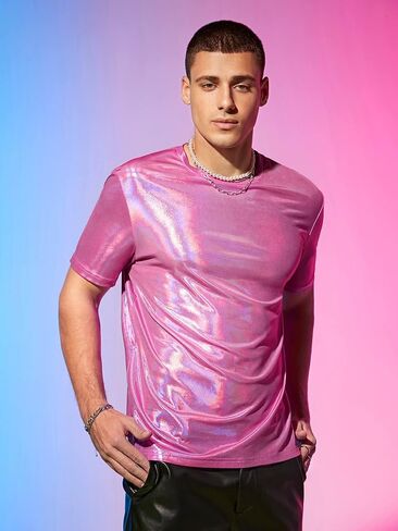 تي شيرت COZYEASE رجالي معدني بأكمام قصيرة ورقبة دائرية، قمصان ديسكو ترتر، قمصان للحفلات والنوادي الليلية in Kuwait