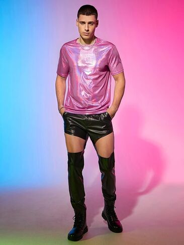 تي شيرت COZYEASE رجالي معدني بأكمام قصيرة ورقبة دائرية، قمصان ديسكو ترتر، قمصان للحفلات والنوادي الليلية in Kuwait