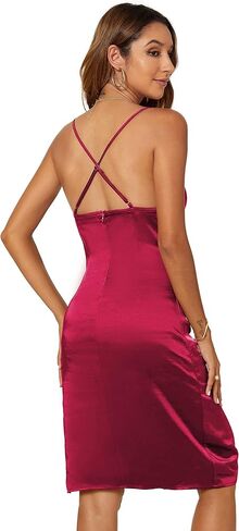 Aigeman Women's Sexy Backless Spaghetti Straps Side Slit Satin Wedding Guest Dress Cowl Drape Neck Clubwear Party Dress 72061 in Kuwait