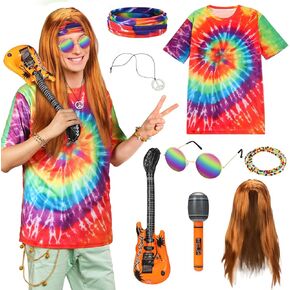 Xaatren 8 Pcs Halloween Hippie Costume Accessory Set for Men Women 60s 70s Colorful Tie Dye T Shirt Accessories for cosplay Theme Party(Large) in Kuwait