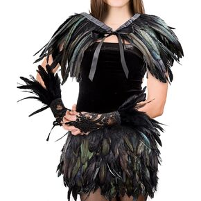 Jecery 4 Pcs Halloween Feather Costume 1 Pair Fingerless Elbow Length Long Lace Gloves 1 Gothic Victorian Feather Cape Shawl 1 Feathered Mini Skirt for Women Adult Party Cosplay Evening Dance, Black in Saudi Arabia