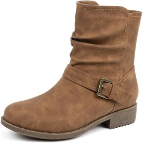Women's Mid Calf Boots, Comfort Buckle Slouchy Booties with Side Zipper in Saudi Arabia