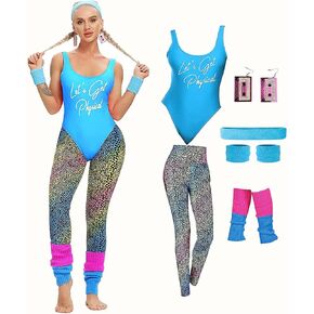 MIAIULIA Womens 80s Workout Costume Outfit 80s Accessories Set Leotard Neon Legging Headband Wristbands Set