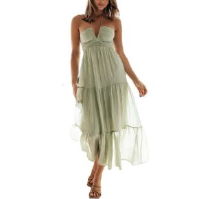 ROAONOCOMO Women Y2k Pleated Spaghetti Strap Maxi Dress Backless Cutout Long Cami Dress Tie Back Ruffle Dresses Beach Wear in Kuwait