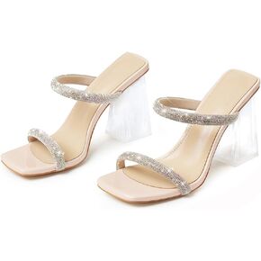 Erocalli Clear heels Chunky Block High Heels for Women, Rhinestone Heeled Sandals Square Toe Two Strap Transparent Slides Slip On Mules