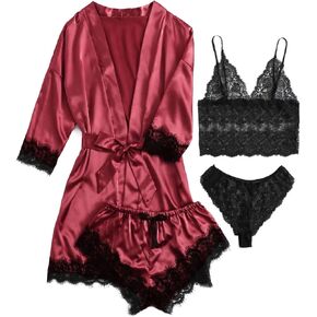 frisekybo Women's 4pcs Sleepwear Satin Lace Cami Pajama Sets with Robe S-XL in Saudi Arabia