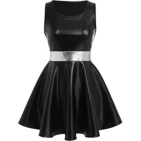 IDOPIP Women's Shiny Metallic Dress Sexy Sleeveless Skater Mini Dress Holographic Party Rave Dance Clubwear Halloween Costume