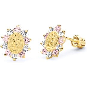 14k Yellow Gold Our Lady Guadalupe Stud Earrings with Screw Back - 3 Different Color Available