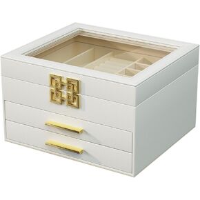 منظم صندوق المجوهرات من سريواتانا مع غطاء زجاجي، صندوق مجوهرات من 3 طبقات للقلائد والأساور والأقراط والخواتم وجلد البولي يوريثان وبطانة مخملية، طراز حديث، أبيض in Kuwait