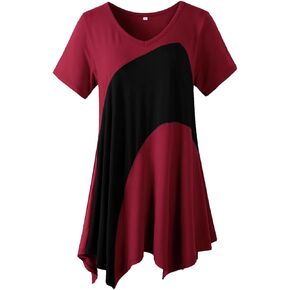 LARACE Plus Size Tops for Women V Neck Summer Shirt Short Sleeve Blouses Patchwork Tunics