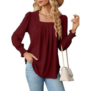 Mansy Women's Casual Square Neck T Shirts Dressy Smocked Puff Long Sleeve Tops Loose Pleated Tunic Blouses