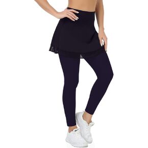 WOWENY Womens Tennis Skirts with Leggings Athletic Golf Legging with Skirt Attach High Waist Skirted Legging with Pockets