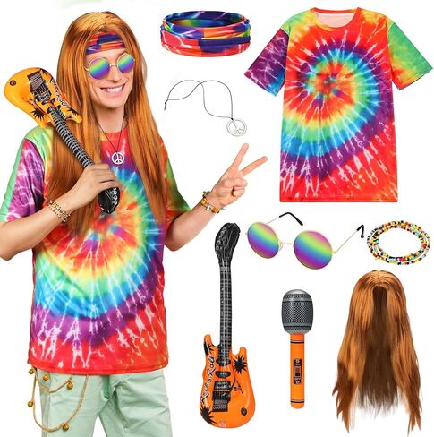 Xaatren 8 قطع أزياء الهالوين الهبي مجموعة إكسسوار للرجال والنساء 60s 70s تي شيرت ملون بصبغة التعادل للحفلات التنكرية (كبير) in Kuwait