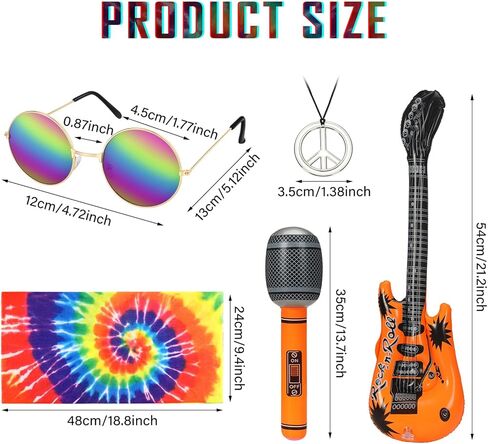 Xaatren 8 قطع أزياء الهالوين الهبي مجموعة إكسسوار للرجال والنساء 60s 70s تي شيرت ملون بصبغة التعادل للحفلات التنكرية (كبير) in Kuwait