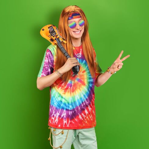 Xaatren 8 قطع أزياء الهالوين الهبي مجموعة إكسسوار للرجال والنساء 60s 70s تي شيرت ملون بصبغة التعادل للحفلات التنكرية (كبير) in Kuwait