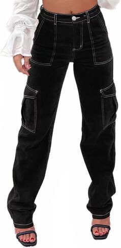 Flamingals Women’s Mid Waist Jeans Pants Flap Cargo Pocket Wide Leg High Stretch in Saudi Arabia