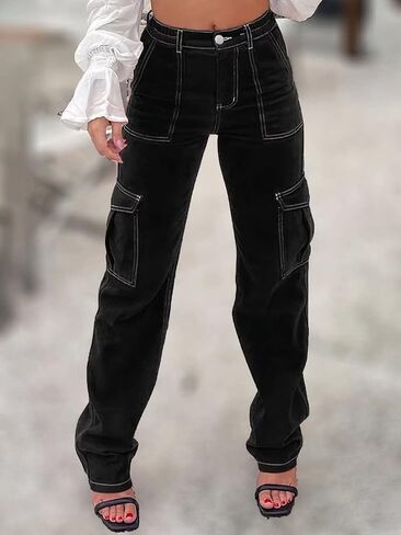 Flamingals Women’s Mid Waist Jeans Pants Flap Cargo Pocket Wide Leg High Stretch in Saudi Arabia