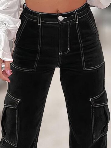 Flamingals Women’s Mid Waist Jeans Pants Flap Cargo Pocket Wide Leg High Stretch in Saudi Arabia