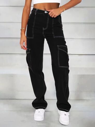 Flamingals Women’s Mid Waist Jeans Pants Flap Cargo Pocket Wide Leg High Stretch in Saudi Arabia