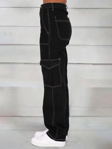 Flamingals Women’s Mid Waist Jeans Pants Flap Cargo Pocket Wide Leg High Stretch in Saudi Arabia