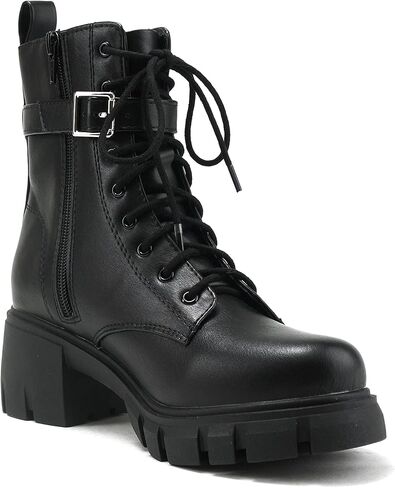 Soda BREACH ~ Women Lug Sole Mid Shaft Chunky Heel Fashion Combat Lace up Bootie W/Side Zipper & Pouch in Saudi Arabia