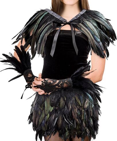 Jecery 4 Pcs Halloween Feather Costume 1 Pair Fingerless Elbow Length Long Lace Gloves 1 Gothic Victorian Feather Cape Shawl 1 Feathered Mini Skirt for Women Adult Party Cosplay Evening Dance, Black in Saudi Arabia