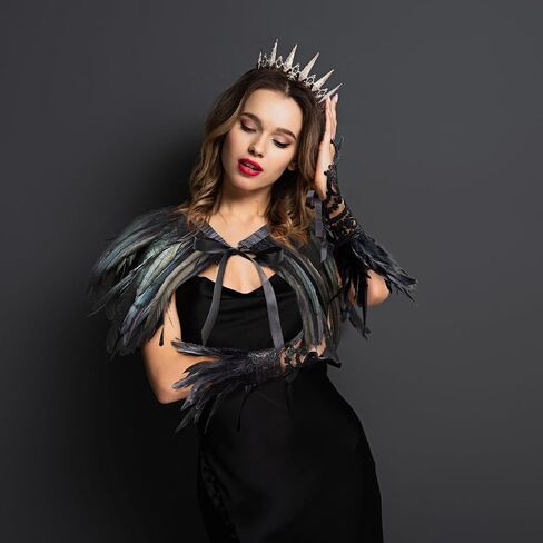 Jecery 4 Pcs Halloween Feather Costume 1 Pair Fingerless Elbow Length Long Lace Gloves 1 Gothic Victorian Feather Cape Shawl 1 Feathered Mini Skirt for Women Adult Party Cosplay Evening Dance, Black in Saudi Arabia