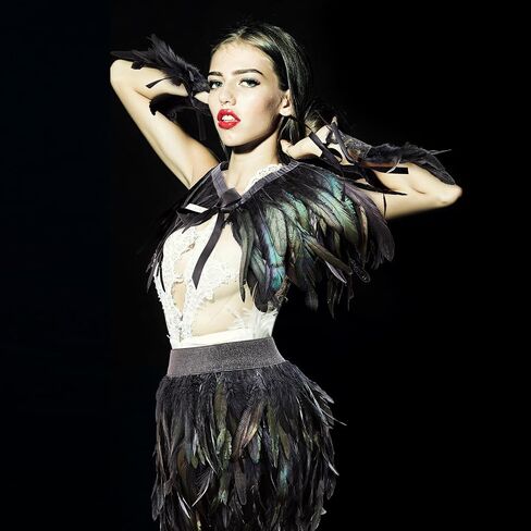 Jecery 4 Pcs Halloween Feather Costume 1 Pair Fingerless Elbow Length Long Lace Gloves 1 Gothic Victorian Feather Cape Shawl 1 Feathered Mini Skirt for Women Adult Party Cosplay Evening Dance, Black in Saudi Arabia
