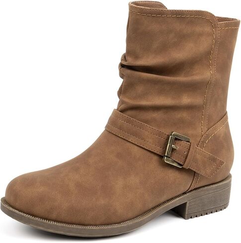 Women's Mid Calf Boots, Comfort Buckle Slouchy Booties with Side Zipper in Saudi Arabia