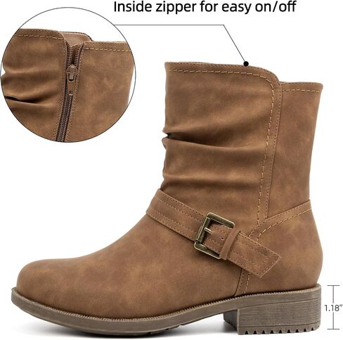 Women's Mid Calf Boots, Comfort Buckle Slouchy Booties with Side Zipper in Saudi Arabia