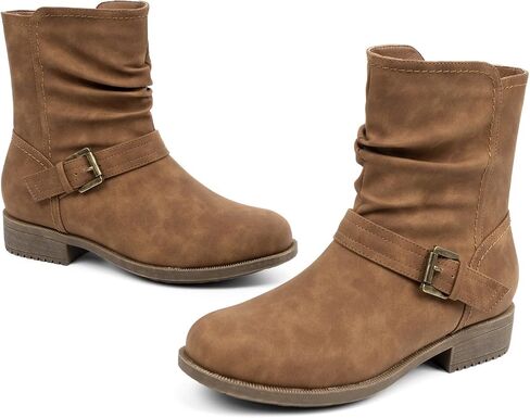 Women's Mid Calf Boots, Comfort Buckle Slouchy Booties with Side Zipper in Saudi Arabia