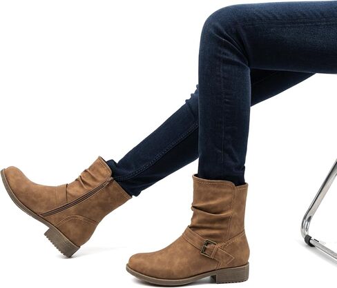 Women's Mid Calf Boots, Comfort Buckle Slouchy Booties with Side Zipper in Saudi Arabia