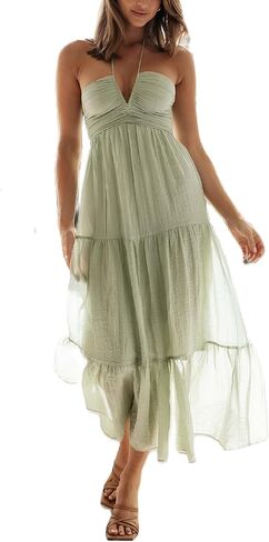 ROAONOCOMO Women Y2k Pleated Spaghetti Strap Maxi Dress Backless Cutout Long Cami Dress Tie Back Ruffle Dresses Beach Wear in Kuwait