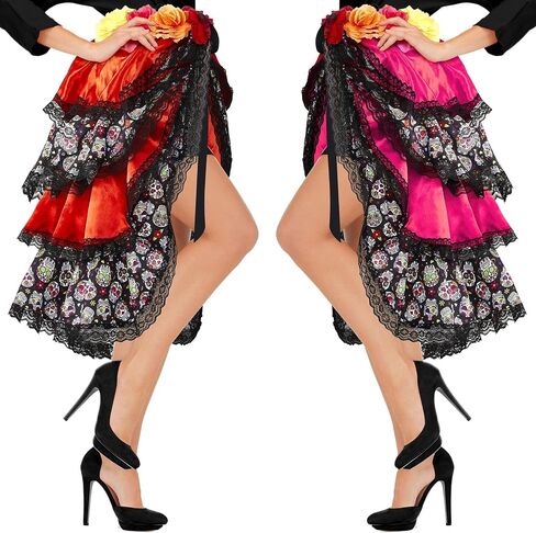 Hercicy 2 Pcs Halloween Lady Tie on Bustle Multicolor Day of the Dead Bustle Day of the Dead Costumes for Women Skeleton Skull Print Flower Bustle Dress for Adult Girls, Red and Rose Red in Saudi Arabia