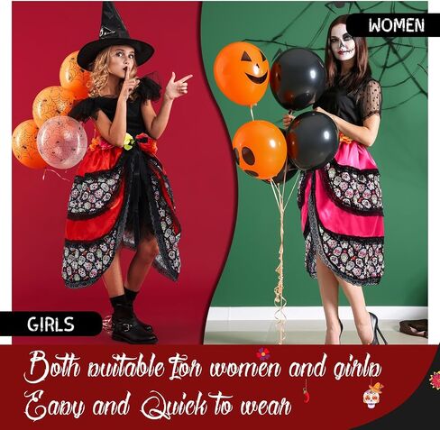 Hercicy 2 Pcs Halloween Lady Tie on Bustle Multicolor Day of the Dead Bustle Day of the Dead Costumes for Women Skeleton Skull Print Flower Bustle Dress for Adult Girls, Red and Rose Red in Saudi Arabia