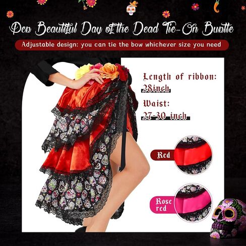 Hercicy 2 Pcs Halloween Lady Tie on Bustle Multicolor Day of the Dead Bustle Day of the Dead Costumes for Women Skeleton Skull Print Flower Bustle Dress for Adult Girls, Red and Rose Red in Saudi Arabia