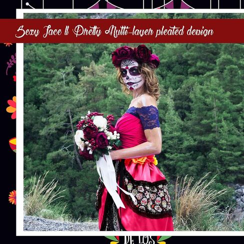 Hercicy 2 Pcs Halloween Lady Tie on Bustle Multicolor Day of the Dead Bustle Day of the Dead Costumes for Women Skeleton Skull Print Flower Bustle Dress for Adult Girls, Red and Rose Red in Saudi Arabia