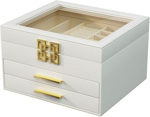 منظم صندوق المجوهرات من سريواتانا مع غطاء زجاجي، صندوق مجوهرات من 3 طبقات للقلائد والأساور والأقراط والخواتم وجلد البولي يوريثان وبطانة مخملية، طراز حديث، أبيض in Kuwait