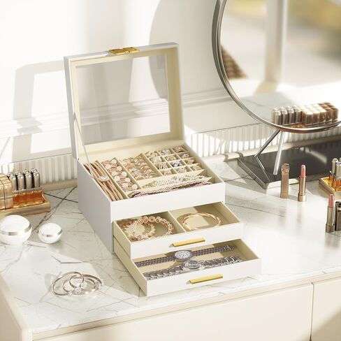 منظم صندوق المجوهرات من سريواتانا مع غطاء زجاجي، صندوق مجوهرات من 3 طبقات للقلائد والأساور والأقراط والخواتم وجلد البولي يوريثان وبطانة مخملية، طراز حديث، أبيض in Kuwait