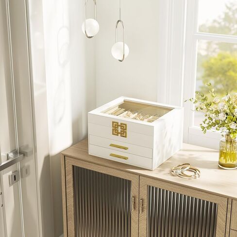 منظم صندوق المجوهرات من سريواتانا مع غطاء زجاجي، صندوق مجوهرات من 3 طبقات للقلائد والأساور والأقراط والخواتم وجلد البولي يوريثان وبطانة مخملية، طراز حديث، أبيض in Kuwait