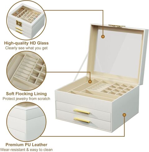 منظم صندوق المجوهرات من سريواتانا مع غطاء زجاجي، صندوق مجوهرات من 3 طبقات للقلائد والأساور والأقراط والخواتم وجلد البولي يوريثان وبطانة مخملية، طراز حديث، أبيض in Kuwait