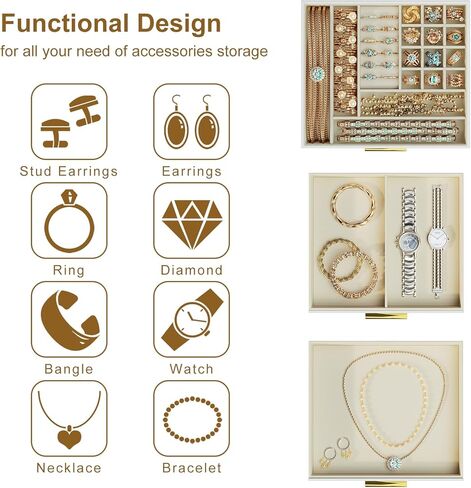منظم صندوق المجوهرات من سريواتانا مع غطاء زجاجي، صندوق مجوهرات من 3 طبقات للقلائد والأساور والأقراط والخواتم وجلد البولي يوريثان وبطانة مخملية، طراز حديث، أبيض in Kuwait