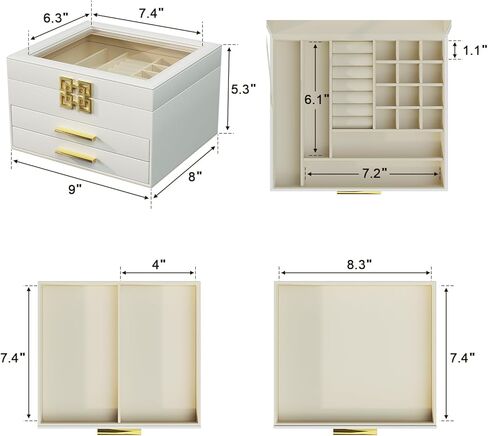 منظم صندوق المجوهرات من سريواتانا مع غطاء زجاجي، صندوق مجوهرات من 3 طبقات للقلائد والأساور والأقراط والخواتم وجلد البولي يوريثان وبطانة مخملية، طراز حديث، أبيض in Kuwait